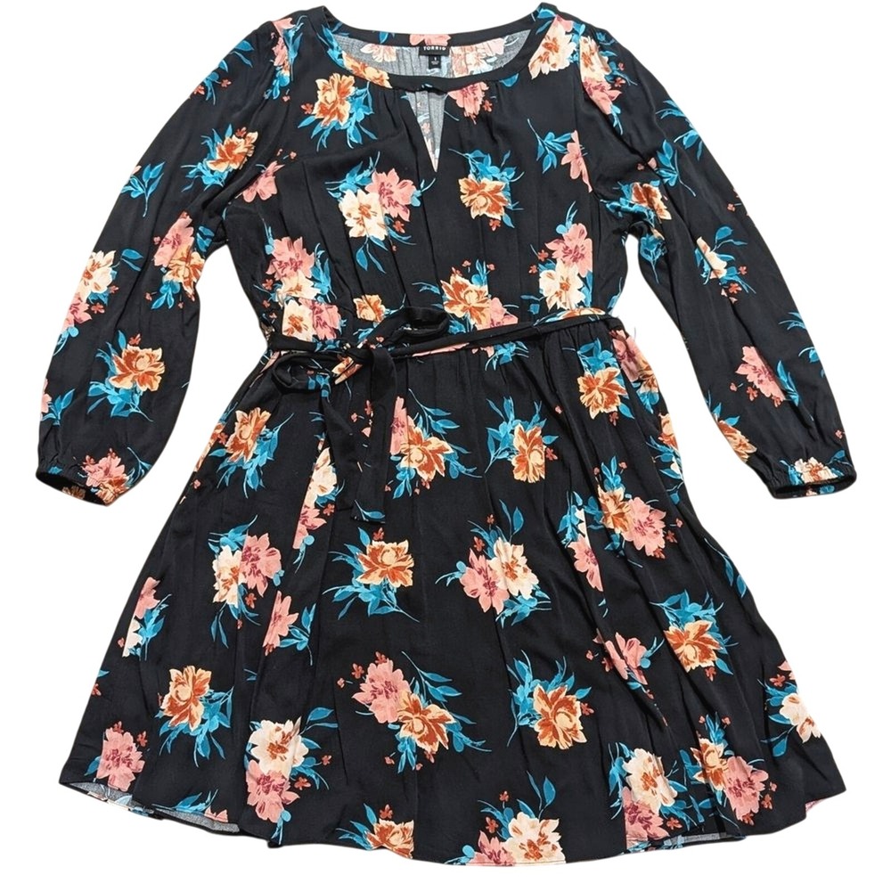 Torrid Dress Plus 1 1X 14 16 Black Pink Blue Floral Shirtdress‎ Pockets